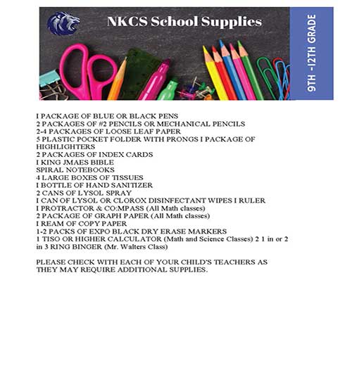 NKCS 9th-12th Grade Supply List